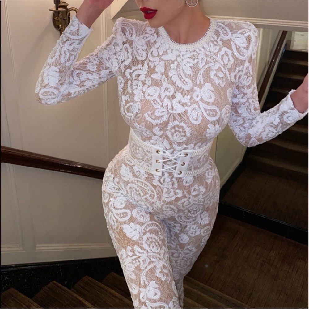 Nadine Merabi Bella White Lace Jumpsuit